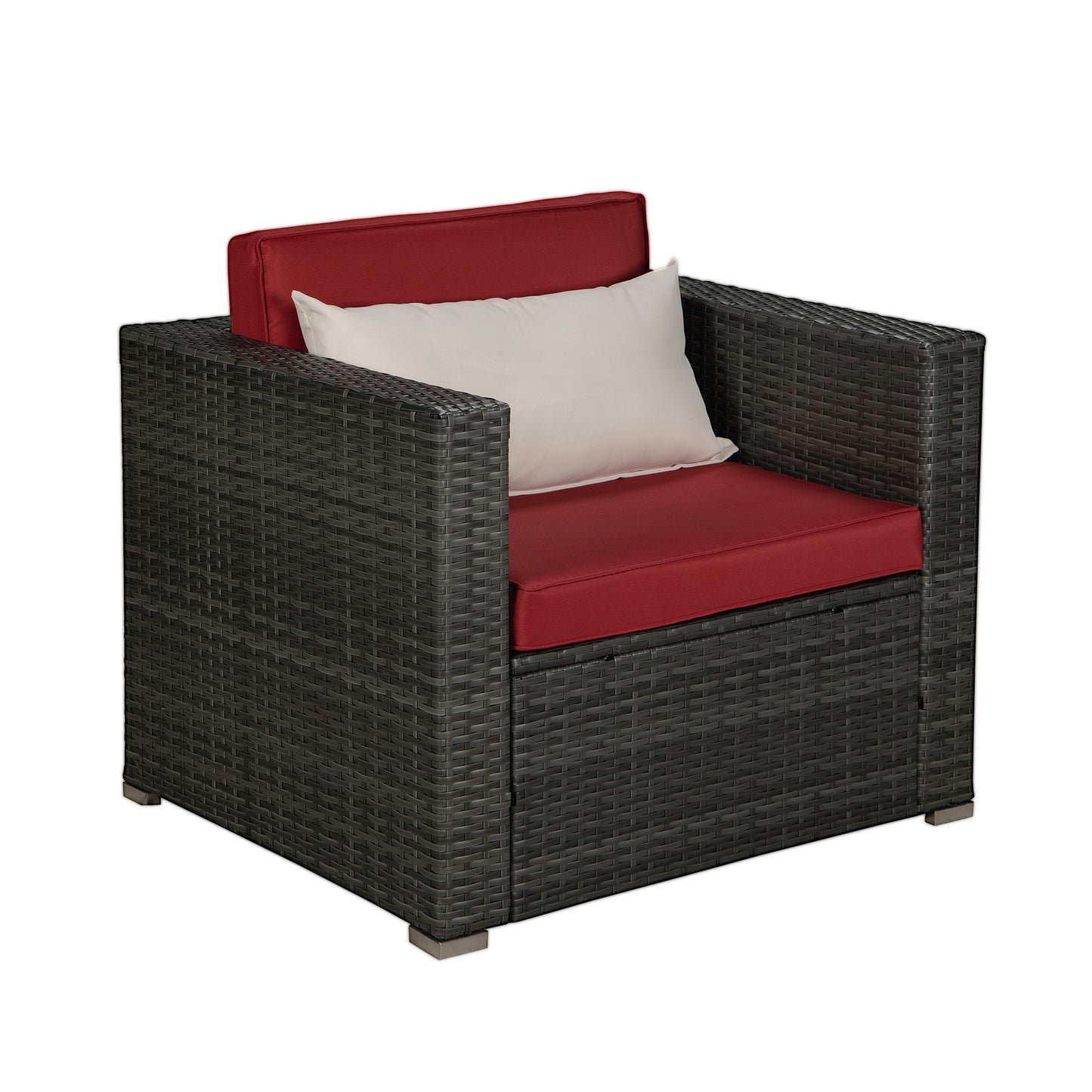 Outdoor Garden Patio Furniture 1-Piece Gray PE Rattan Wicker Sectional Red Cushioned Sofa with 1 Beige Pillow