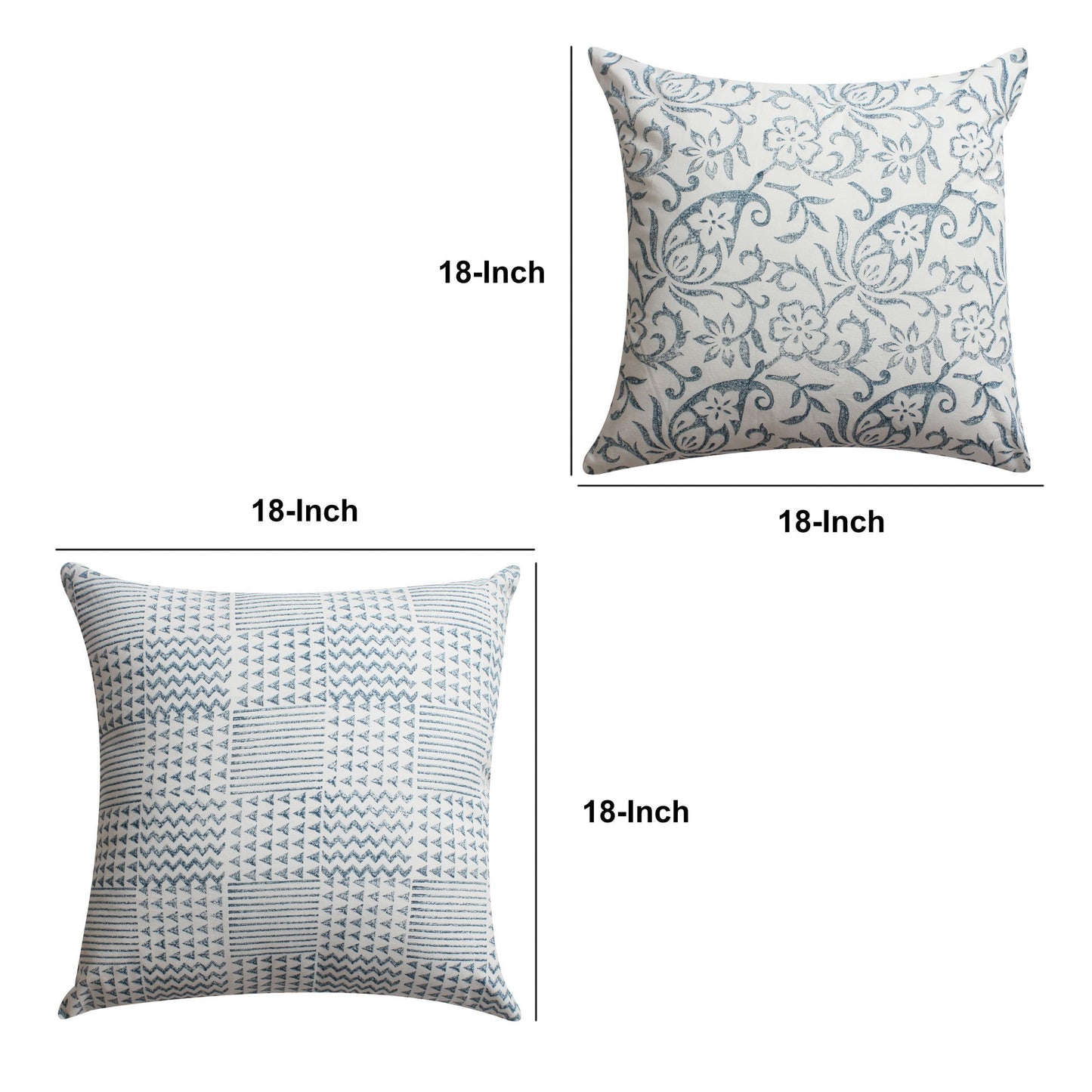 18 x 18 Square Cotton Accent Throw Pillow, Paisley Floral and Square Patterns, Set of 2, White, Blue