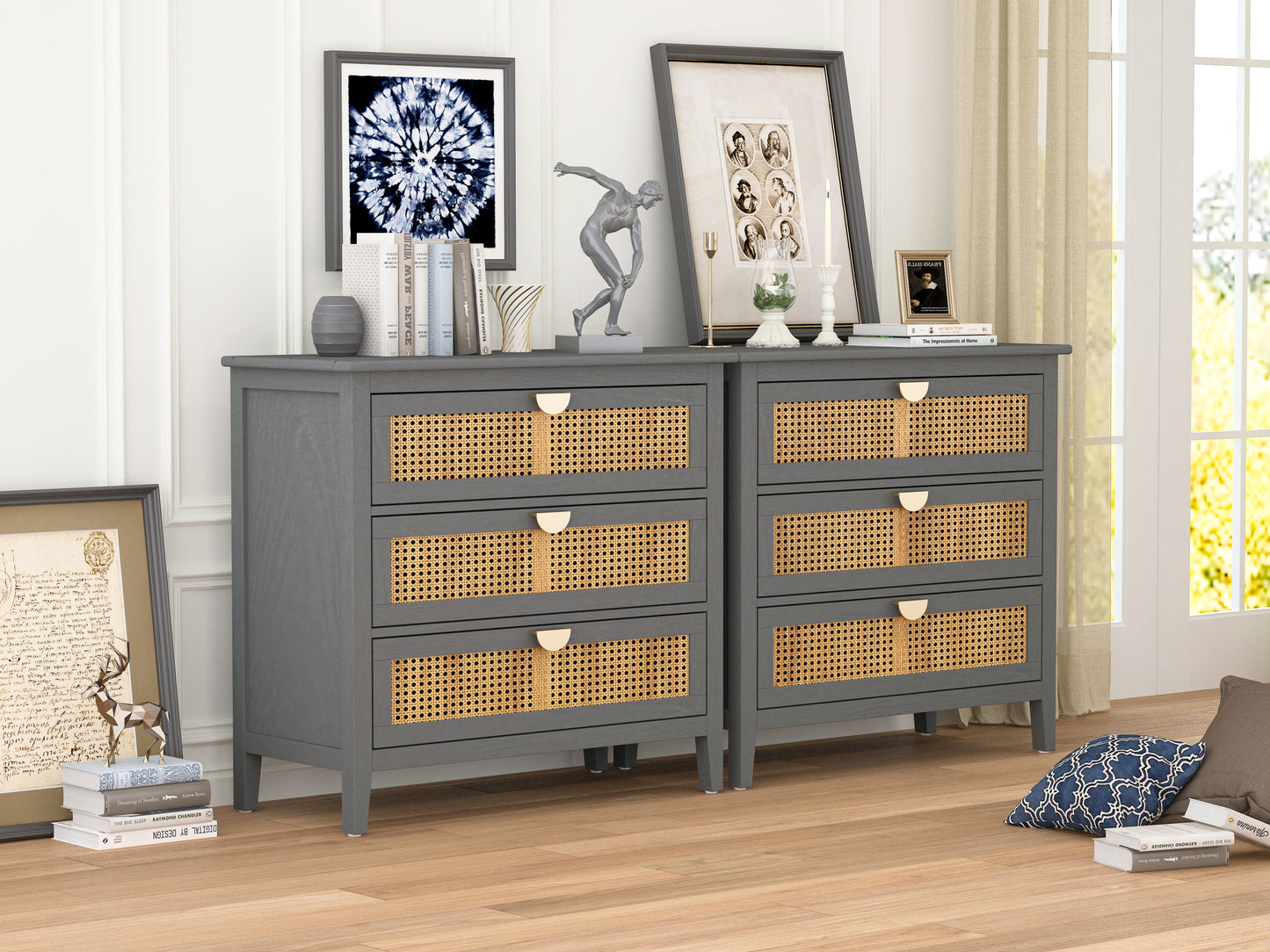 3 Drawer Cabinet,Natural rattan,American Furniture,Suitable for bedroom, living room, study