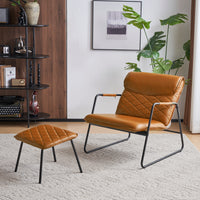 Accent Chair with Ottoman,Faux Leather Living Room Chair,Upholstered Single Sofa Chair Set with Metal Legs, Lattice Stitching Back Lounge Chair with Footrest, Orange