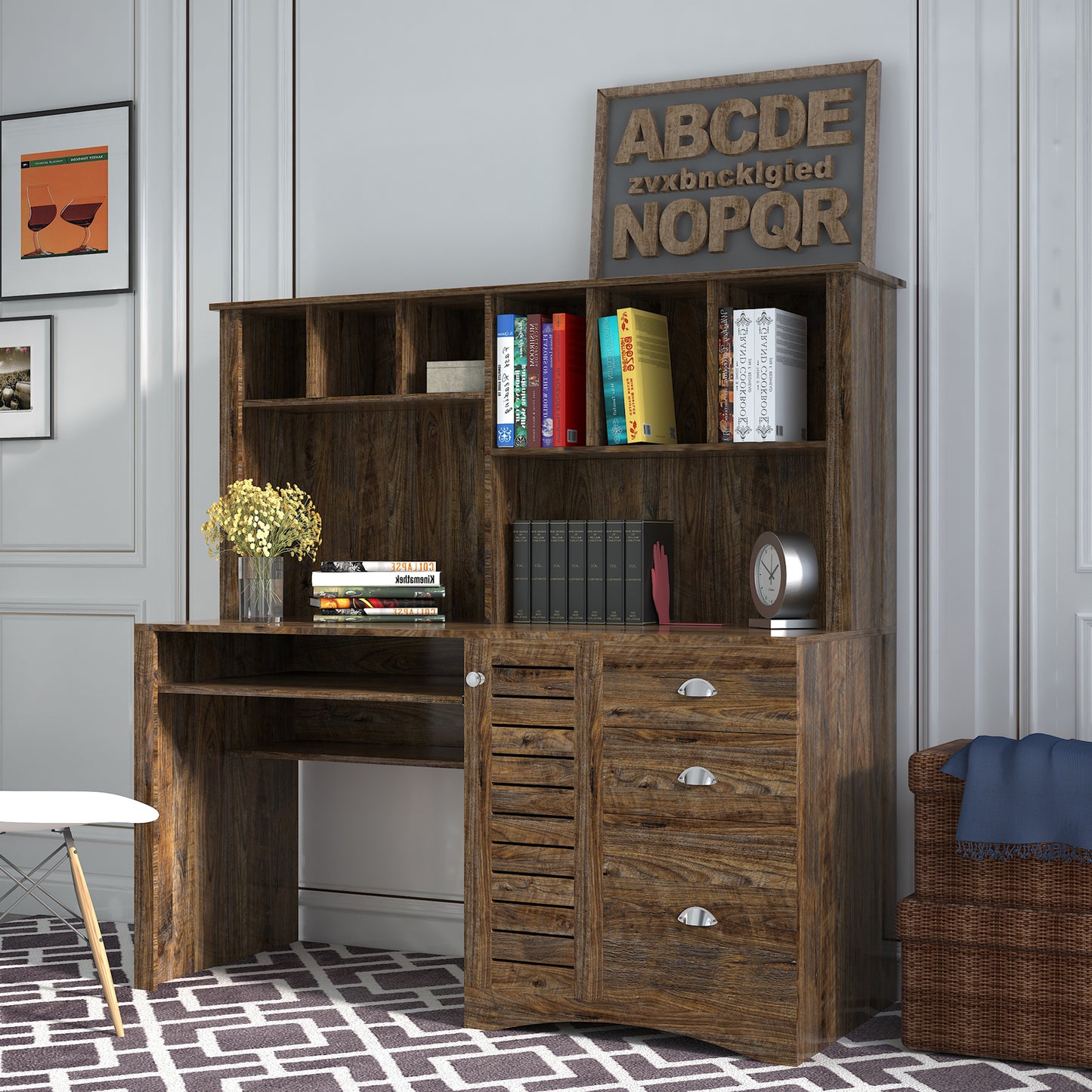 Home Office Computer Desk with Hutch, Antiqued Paint finish