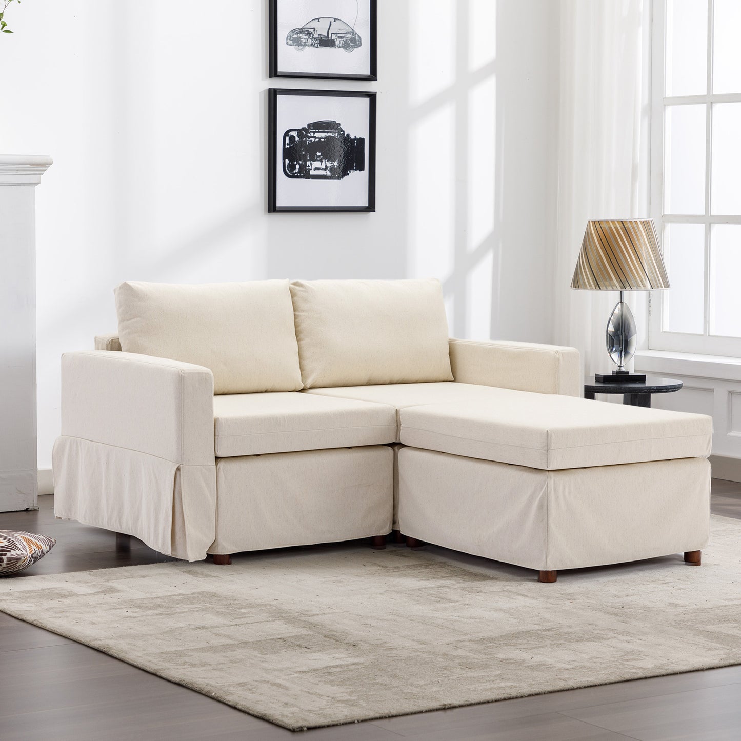 2 Seat Module Sectional Sofa Couch With 1 Ottoman,Seat Cushion and Back Cushion Removable and Washable,Cream