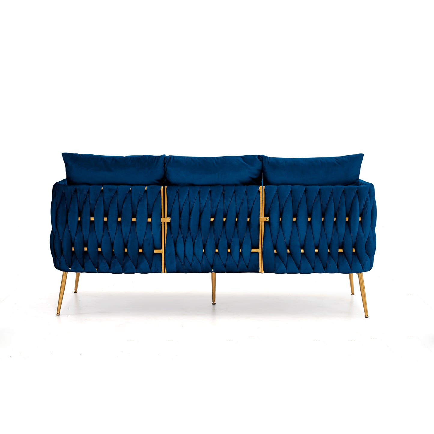 3 Piece Modern Velvet Upholstered Living Room Set with 3-Seater Sofa and 2 Loveseats, Handmade Woven Tufted Back and Arms, Golden Metal Legs, Blue Velvet