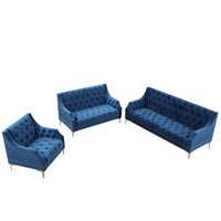 Modern three-piece sofa set with metal legs, buttoned tufted backrest, frosted velvet upholstered sofa set including three-seater sofa, double seater and living room furniture set Single chair