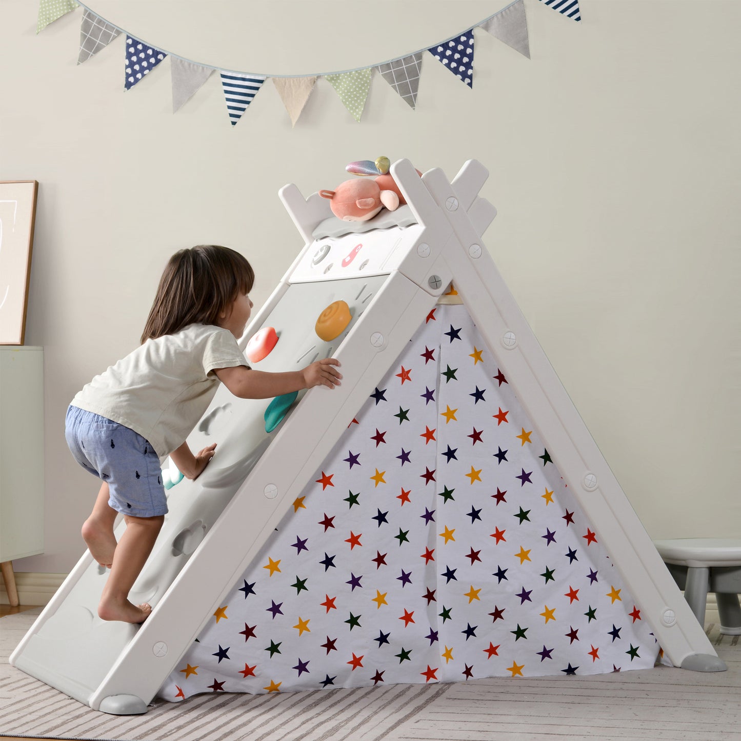 Kids Play Tent - 4 in 1 Teepee Tent with Stool and Climber, Foldable Playhouse Tent for Boys & Girls