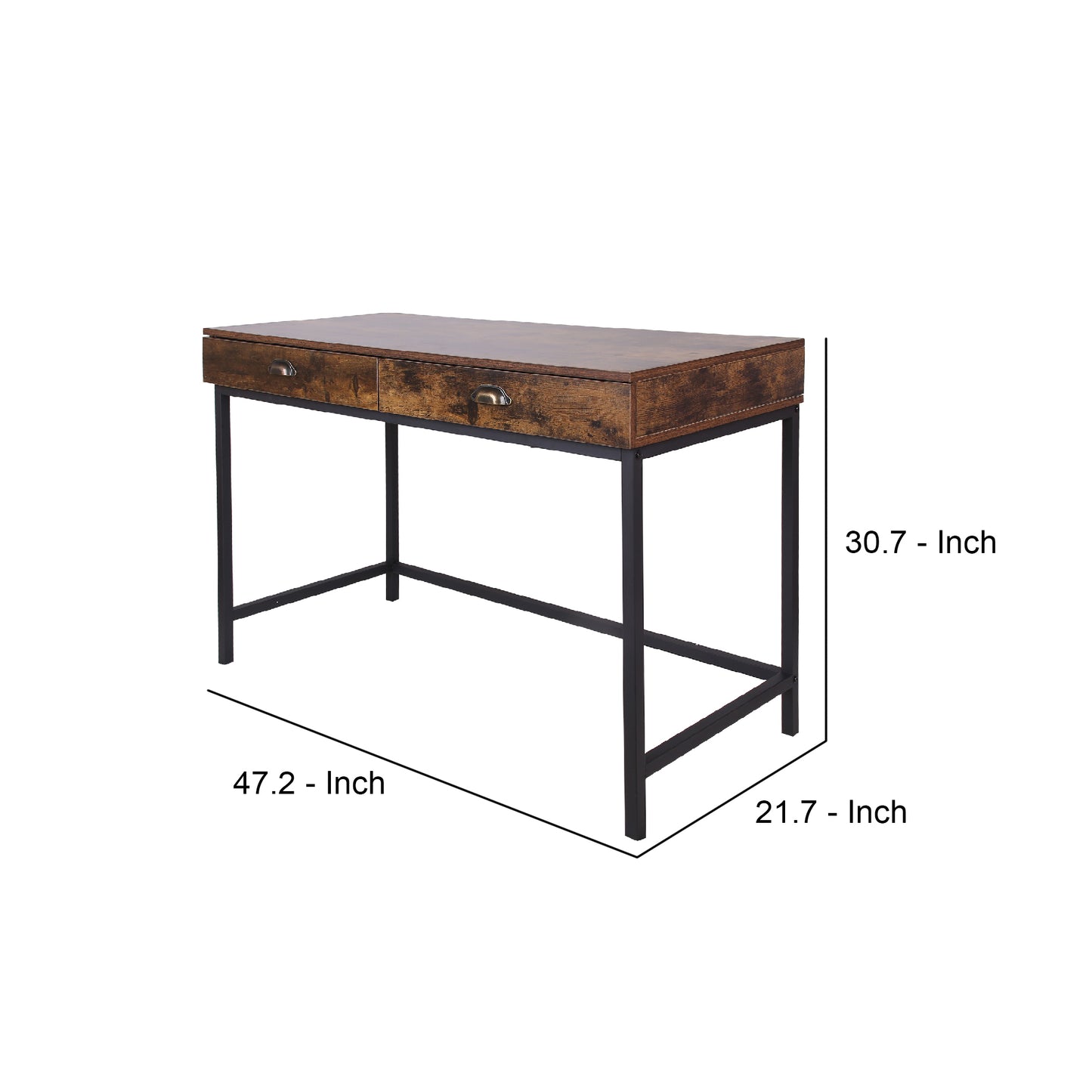 Industrial Grained Wooden Computer Desk with 2 Drawers, Brown and Black