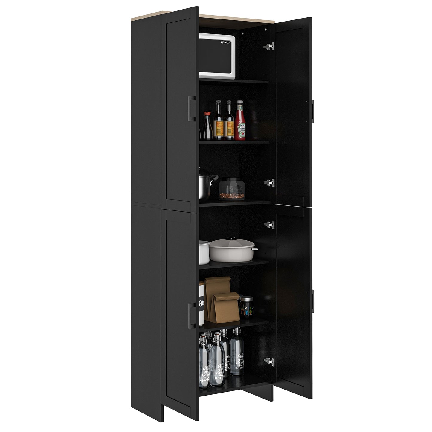 HOMCOM 72" Freestanding Kitchen Pantry, 4-Door Storage Cabinet Organizer with Adjustable Shelves, Kitchen Cabinet with Doors and Shelves, Black