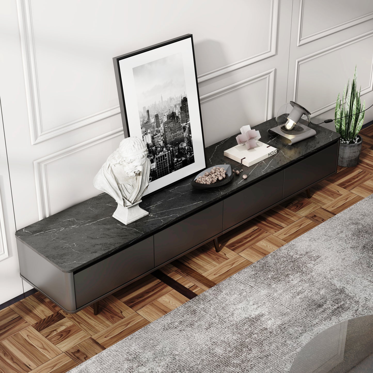 Contemporary TV Stand with 4 Drawers Media Console for TVs Up to 70", Handle-Free Design Modern Elegant TV Cabinet, Black Marble Texture