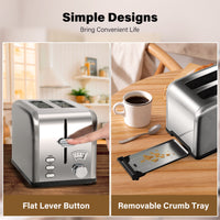 2-Slice Toaster with 1.5 inch Wide Slot, 5 Browning Setting and 3 Function: Bagel, Defrost & Cancel, Retro Stainless-Steel Style, Toast Bread Machine with Removable Crumb Tray, Silver