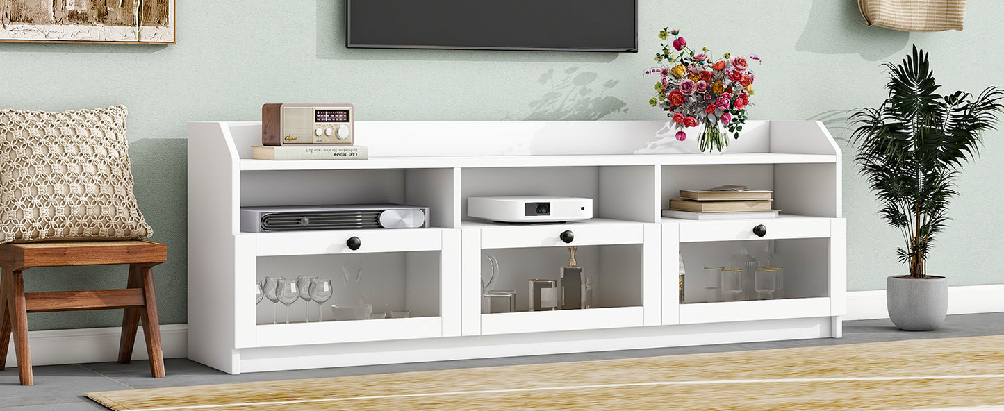 ON-TREND Sleek & Modern Design TV Stand with Acrylic Board Door, Chic Elegant Media Console for TVs Up to 65", Ample Storage Space TV Cabinet with Black Handles, White