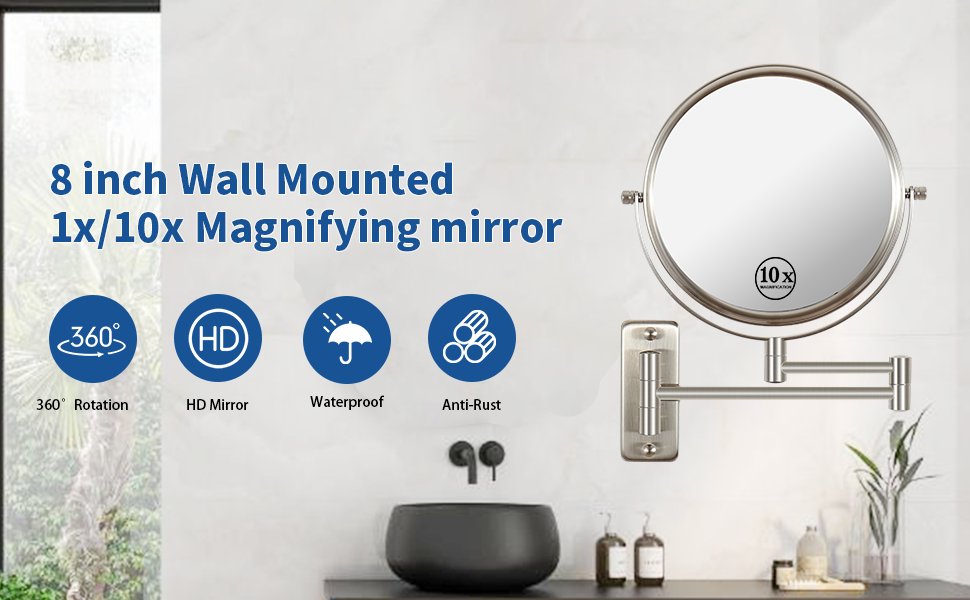 8-inch Wall Mounted Makeup Vanity Mirror, 1X / 10X Magnification Mirror, 360° Swivel with Extension Arm (Brushed Nickel)