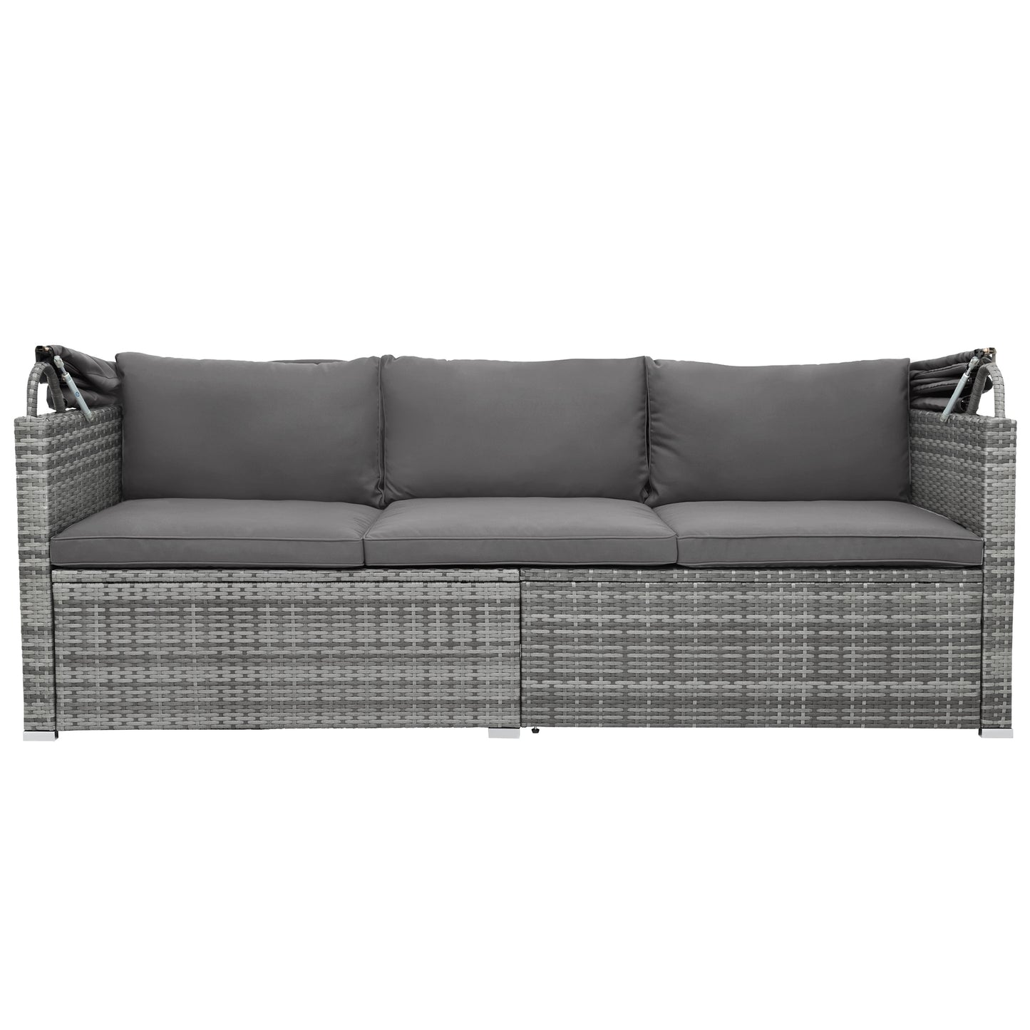 TOPMAX 5 Pieces Outdoor Sectional Patio Rattan Sofa Set Rattan Daybed , PE Wicker Conversation Furniture Set w/ Canopy and Tempered Glass Side Table, Gray