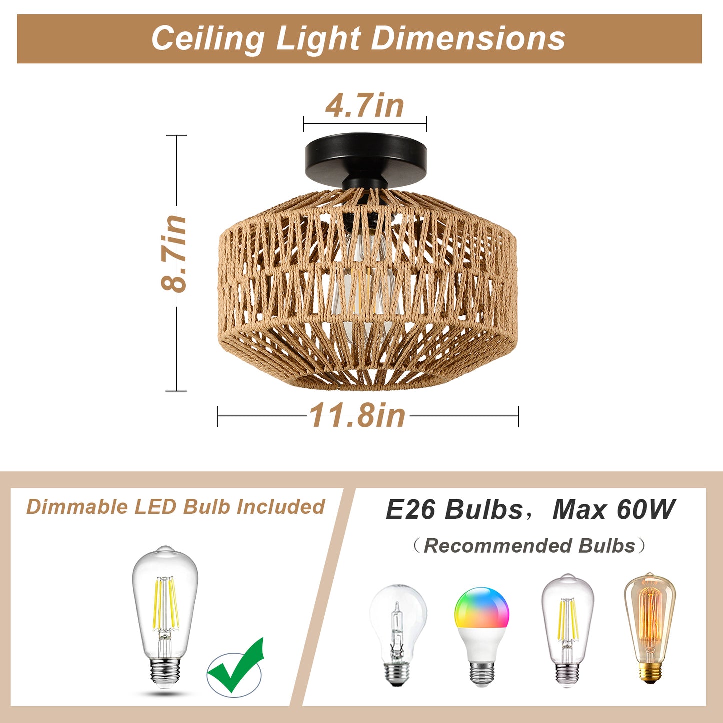 Mini Rattan Flush Mount  Light with Dimmable LED Bulb