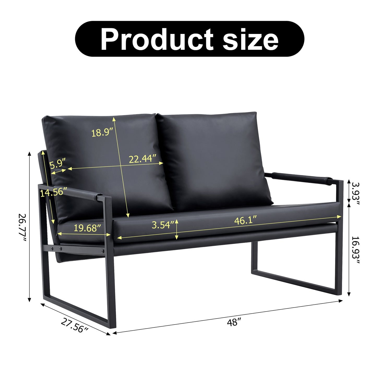 Sofa set. PU leather armchair metal frame cushion armchair, cushion backrest, living room sofa 1 double sofa+2 single sofa (black PU leather+metal frame+foam) SF-008 SF-D008