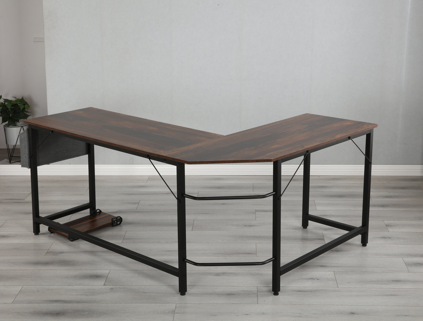 Modern Design L-Shaped Desk Corner Computer Desk PC laptop Computer Table Study Desk Home Office Wood & Metal Pella oak（包含机箱托，书包挂钩，布抽收纳袋）