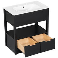 30" Bathroom Vanity with Sink Top, Bathroom Cabinet with Open Storage Shelf and Two Drawers, One Package, Black