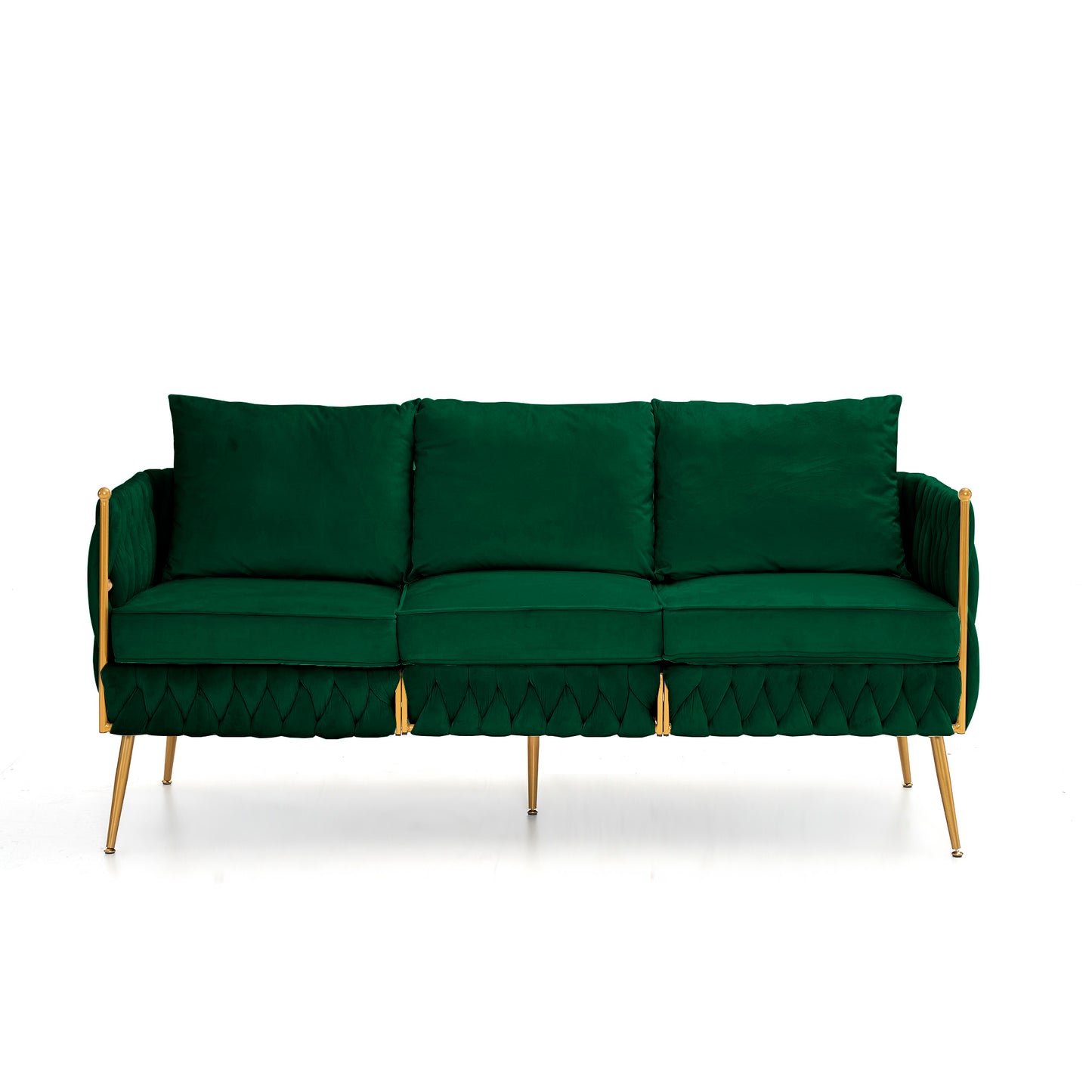 3 Piece Modern Velvet Upholstered Living Room Set with 3-Seater Sofa and 2 Loveseats, Handmade Woven Tufted Back and Arms, Golden Metal Legs, Green Velvet