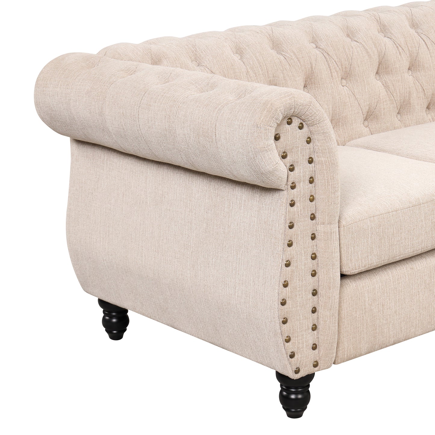 60" modern sofa Dutch plush upholstered sofa, solid wood legs, buttoned tufted backrest, beige