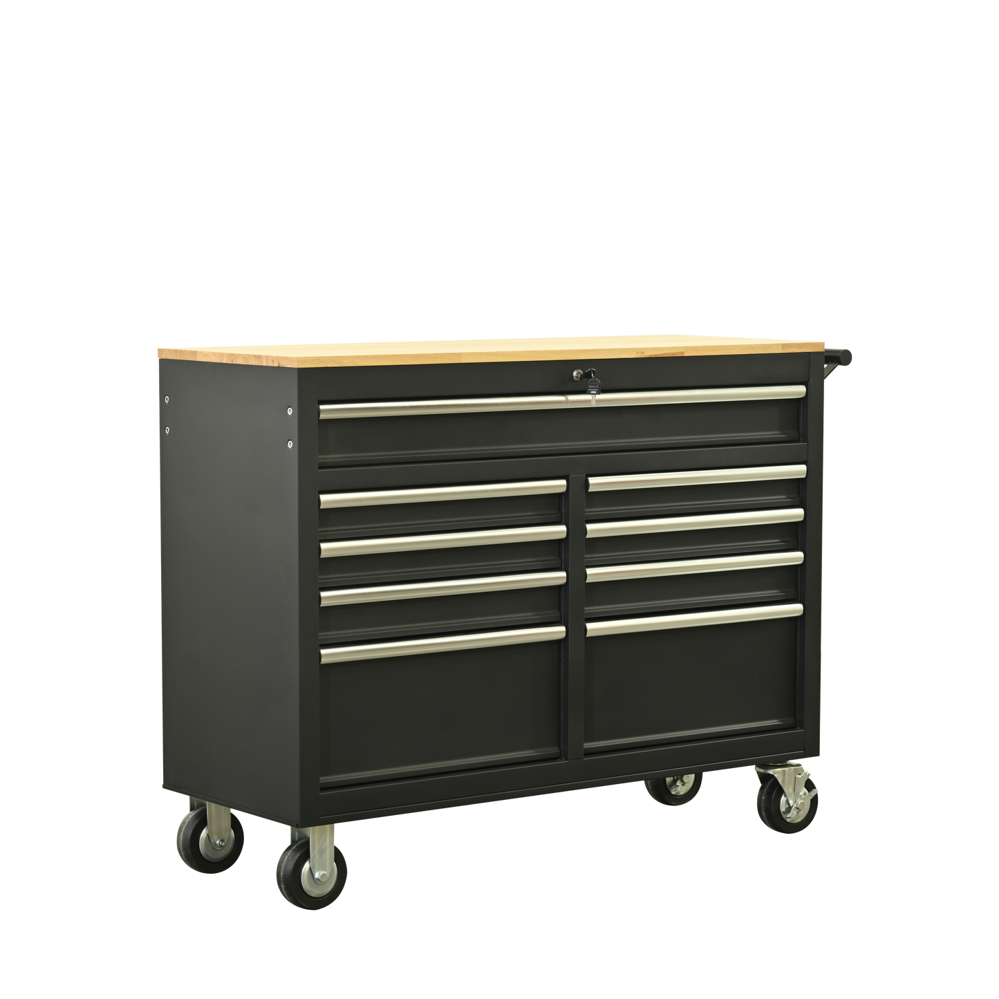 Premium 46-Inch Rolling Tool Chest with Wooden Top and 9 Drawers - 1500 lbs Load Capacity, Casters, Handle, Power Strip, Locking System - Perfect Mobile Storage Cabinet for Your Tools and Equipment.