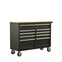 Premium 46-Inch Rolling Tool Chest with Wooden Top and 9 Drawers - 1500 lbs Load Capacity, Casters, Handle, Power Strip, Locking System - Perfect Mobile Storage Cabinet for Your Tools and Equipment.