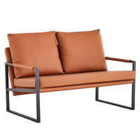 Modern Two-Seater Sofa Chair with 2 Pillows - PU Leather, High-Density Foam, Black Coated Metal Frame.BrownSF-D008-BR