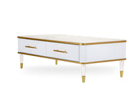 Modern White/Gold tone Sintered Matte Stone Top Coffee Table W/ Drawer