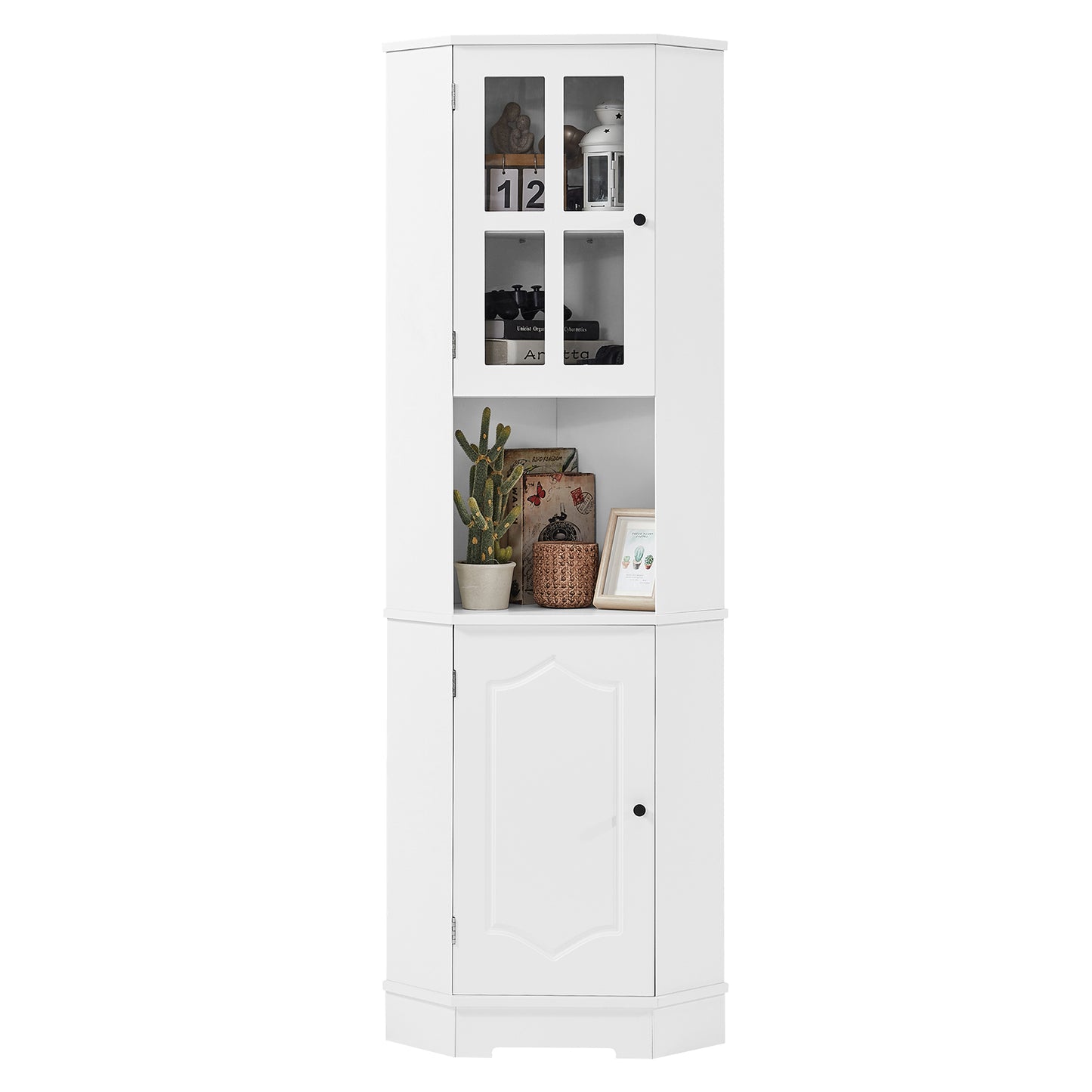 Tall Bathroom Storage Cabinet, Corner Cabinet with Glass Door, Open Storage, Adjustable Shelf, White