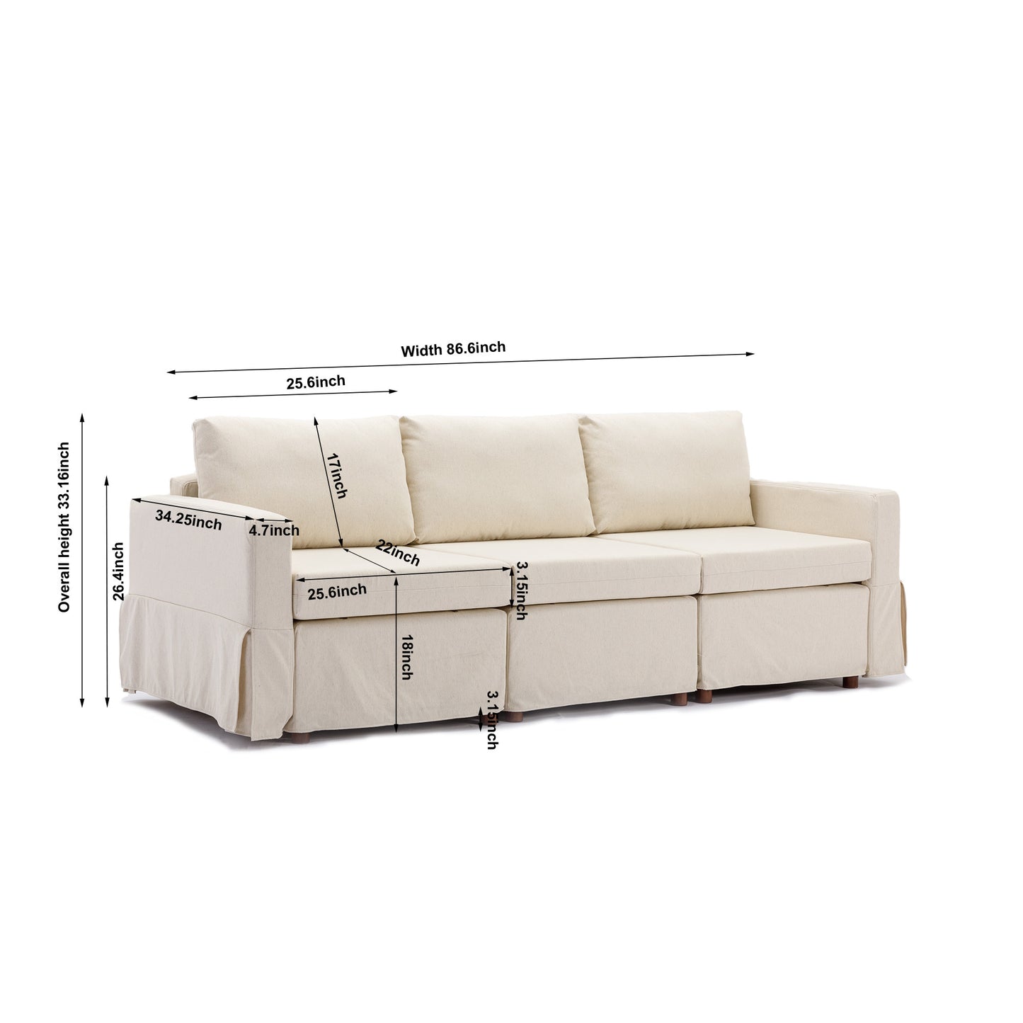 3 Seat Module Sectional Sofa Couch With 1 Ottoman,Seat Cushion and Back Cushion Removable and Washable,Cream