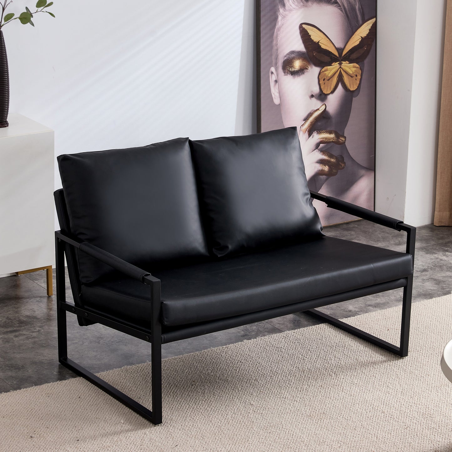 Sofa set. PU leather armchair metal frame cushion armchair, cushion backrest, living room sofa 1 double sofa+2 single sofa (black PU leather+metal frame+foam) SF-008 SF-D008