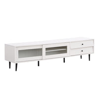 ON-TREND Chic Elegant Design TV Stand with Sliding Fluted Glass Doors, Slanted Drawers Media Console for TVs Up to 75", Modern TV Cabinet with Ample Storage Space, White