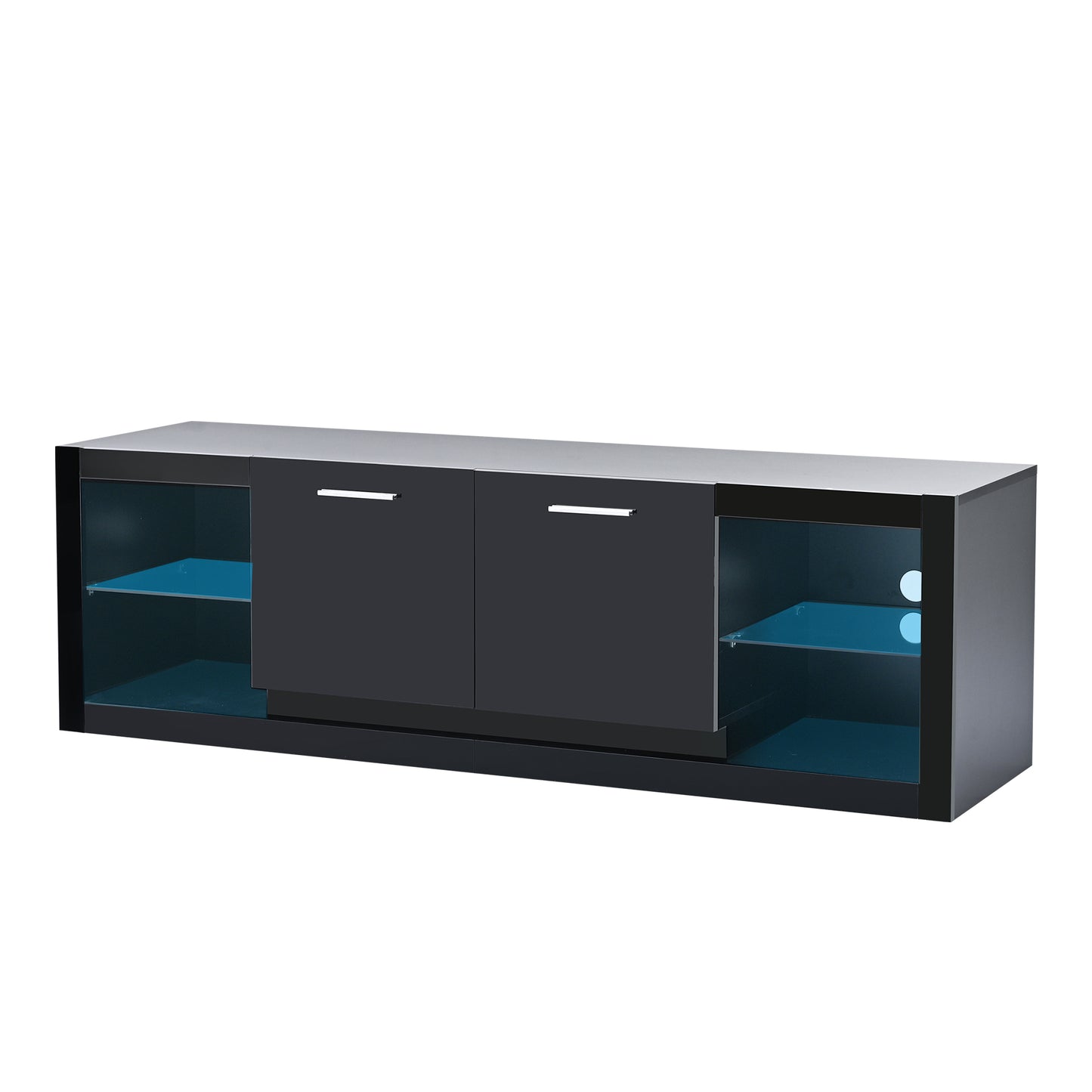 ON-TREND Modern TV Stand with 2 Tempered Glass Shelves, High Gloss Entertainment Center for TVs Up to 70'', Elegant TV Cabinet with LED Color Changing Lights for Living Room, Black