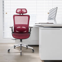 RED Ergonomic Mesh Office Chair, High Back - Adjustable Headrest with Flip-Up Arms, Tilt and lock Function, Lumbar Support and blade Wheels, KD chrome metal legs