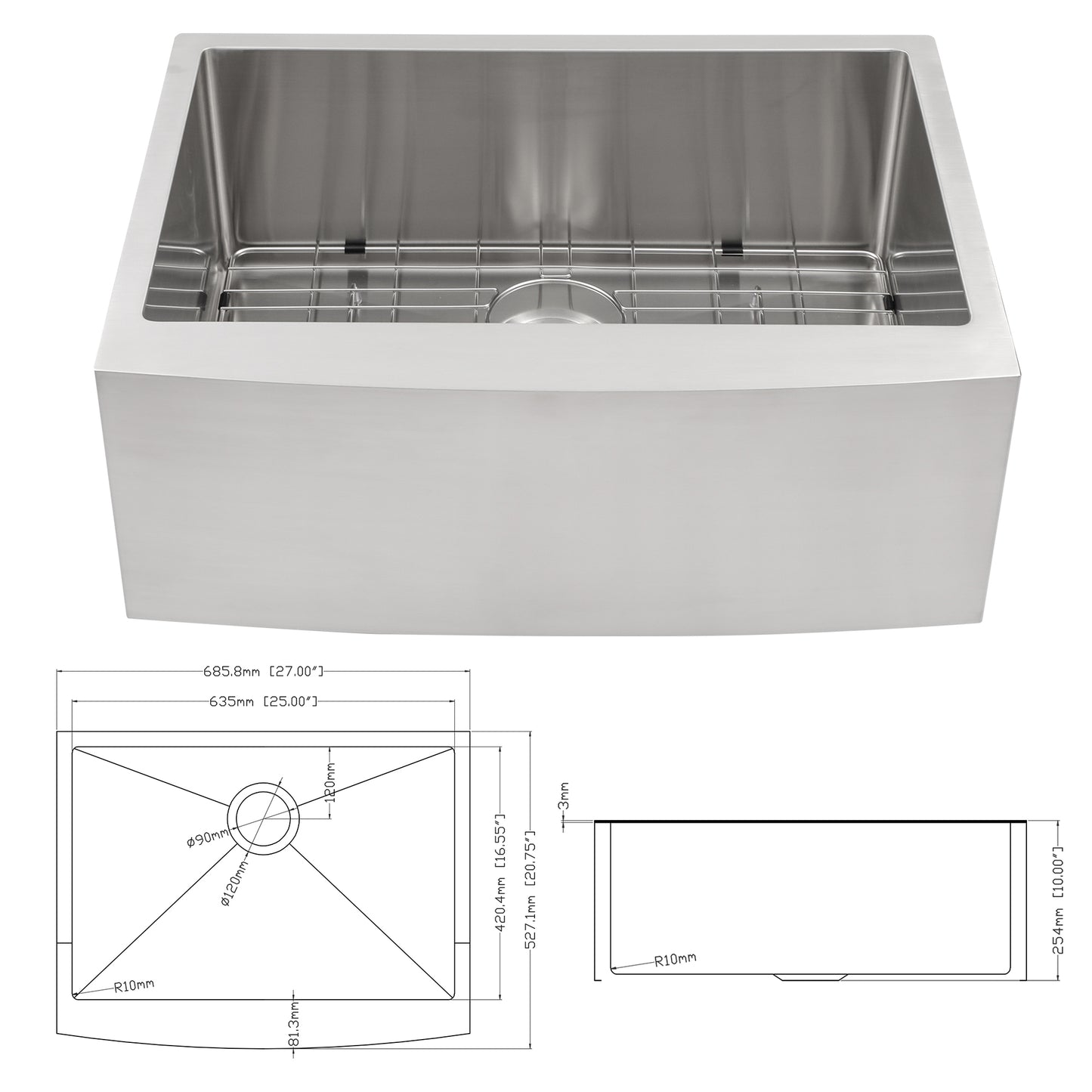 27 Inch Farmhouse Kitchen Sink - 27"x21"x10" Stainless Steel Apron Front Farmhouse Sink 10 Inch Deep 16 Gauge Single Bowl Kitchen Sink Basin