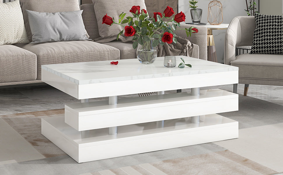 ON-TREND Modern 2-Tier Coffee Table with Silver Metal Legs, Rectangle Cocktail Table with High-gloss UV Surface, Minimalist Design Center Table for Living Room, White