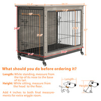 Dog Crate Furniture , 38'' Heavy Duty Wooden Dog Kennel with Double Doors & Flip-Top for Large Dogs, Furniture Style Dog Crate End Table with Wheels, Grey 38.3"L X 23.4"W X 32"H