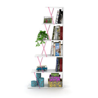 Furnish Home Store Modern 5 Tier Ladder Bookshelf Organizers, Narrow Bookshelf for Small Spaces Office Furniture Bookcase ,White/Pink