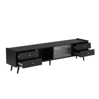 ON-TREND Contemporary TV Stand with Sliding Fluted Glass Doors, Slanted Drawers Media Console for TVs Up to 70", Chic Elegant TV Cabinet with Golden Metal Handles , Black