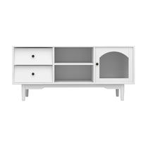 Living Room White TV Stand with Drawers and Open Shelves, A Cabinet with Glass Doors for Storage