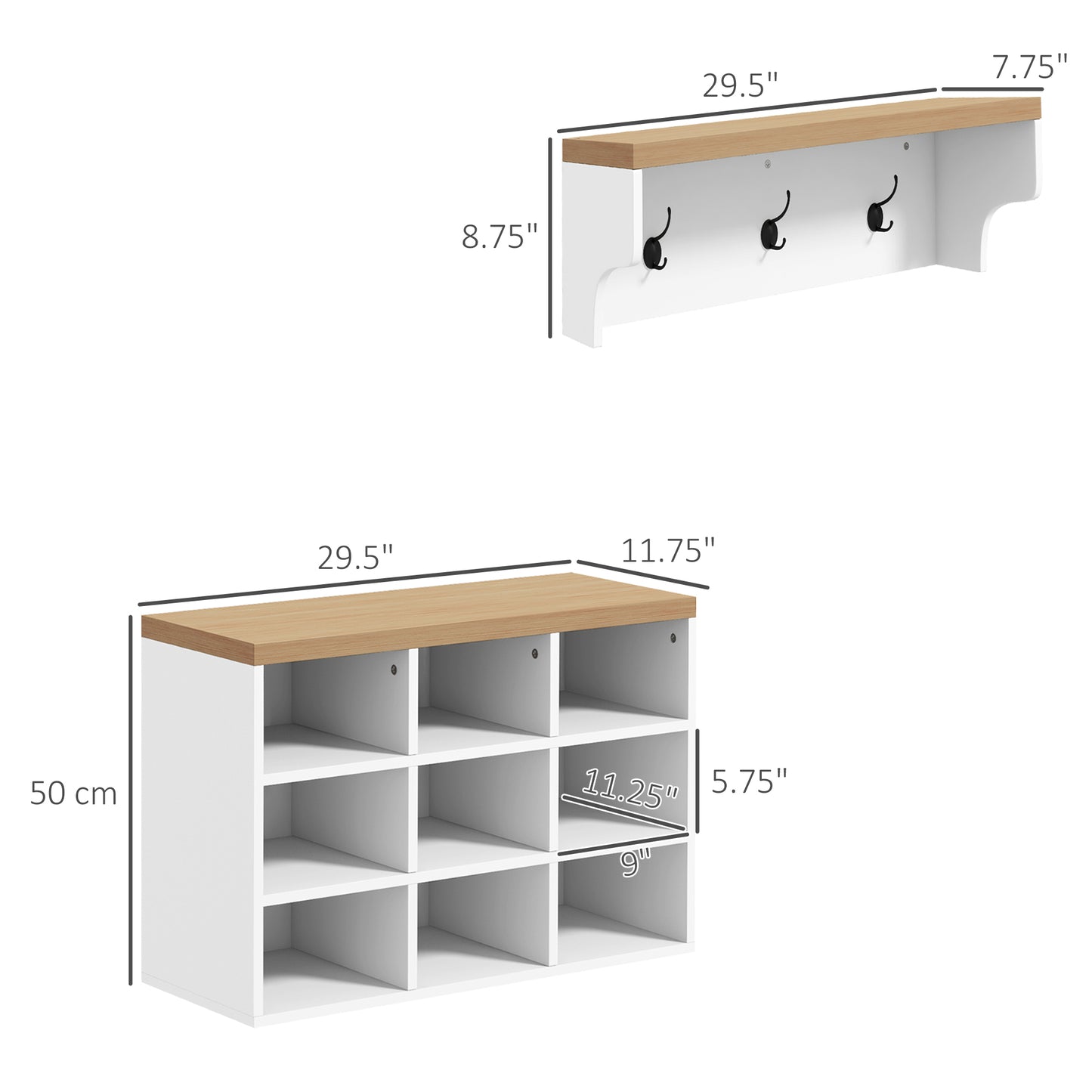 HOMCOM 2-in-1 Coat Rack Shoe Bench Set, 9 Pair Shoe Storage Cabinet Rack with Hall Tree, Modern Entryway, Hallway, Mudroom, Bedroom Organizer, White