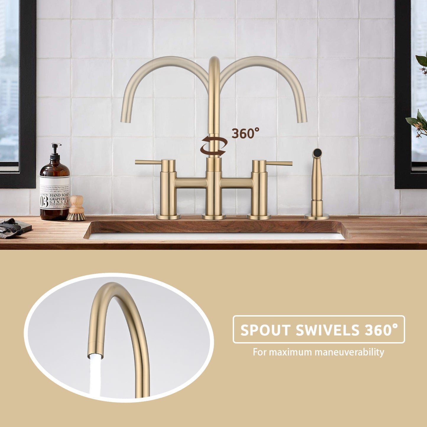 Double Handle Bridge Kitchen Faucet with Side Spray