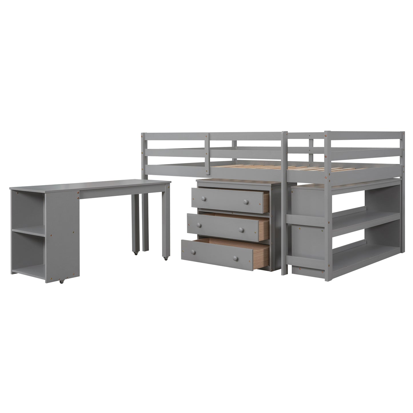 Low Study Full Loft Bed with Cabinet ,Shelves and Rolling Portable Desk ,Multiple Functions Bed- Gray