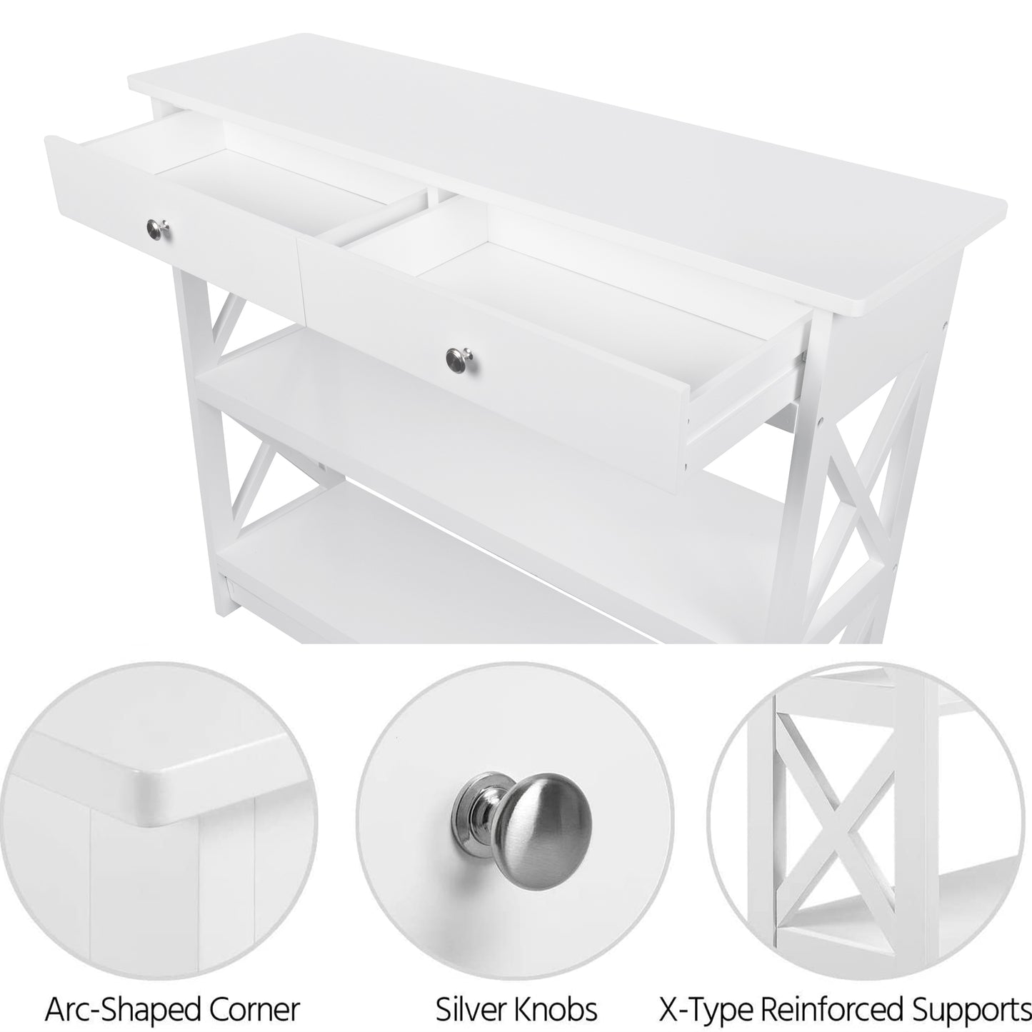 Console Table with Drawer,3-Tier Entryway Table with Storage Shelves, Wood Narrow Sofa Table for Entryway/Hallway/Living Room,White