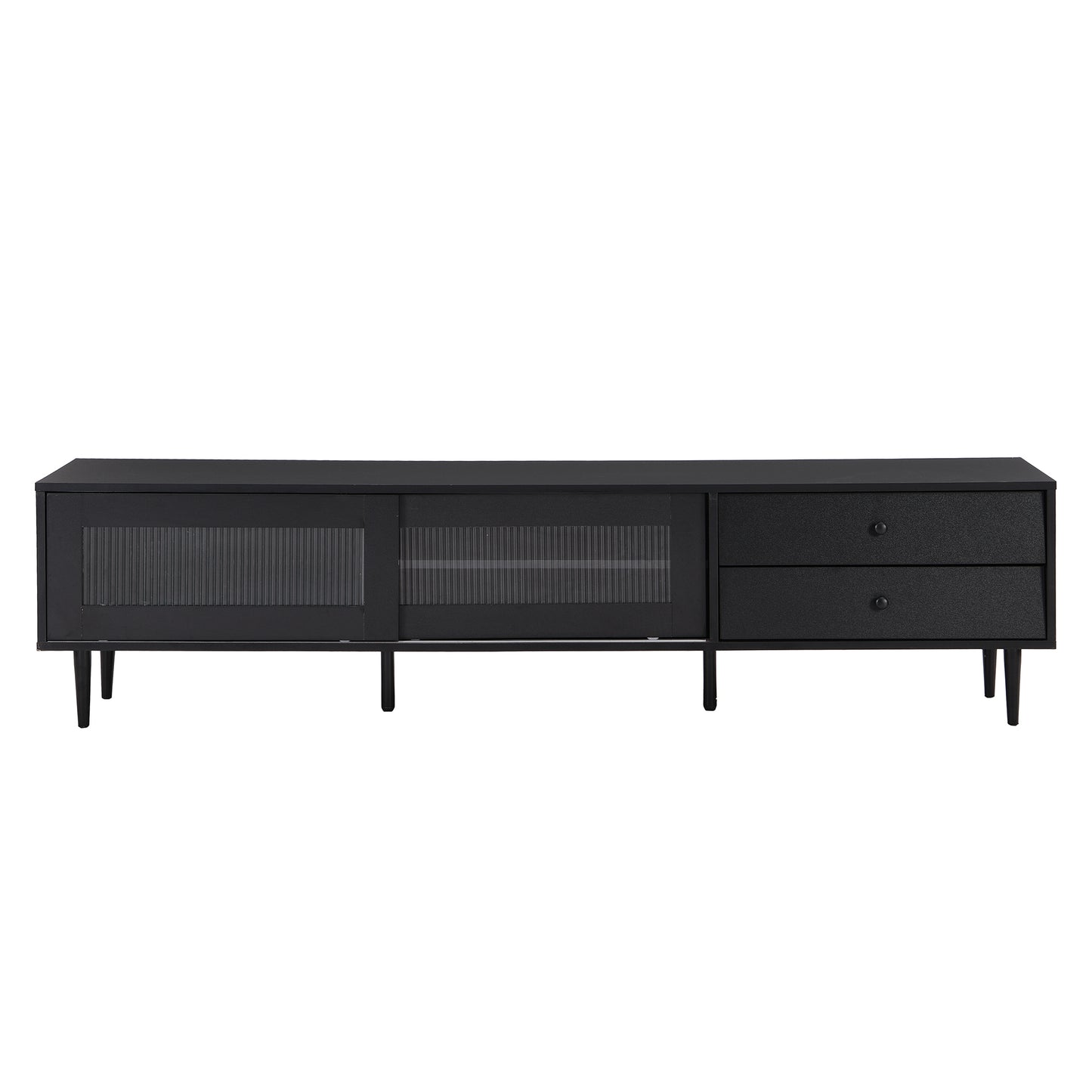 ON-TREND Chic Elegant Design TV Stand with Sliding Fluted Glass Doors, Slanted Drawers Media Console for TVs Up to 75", Modern TV Cabinet with Ample Storage Space, Black