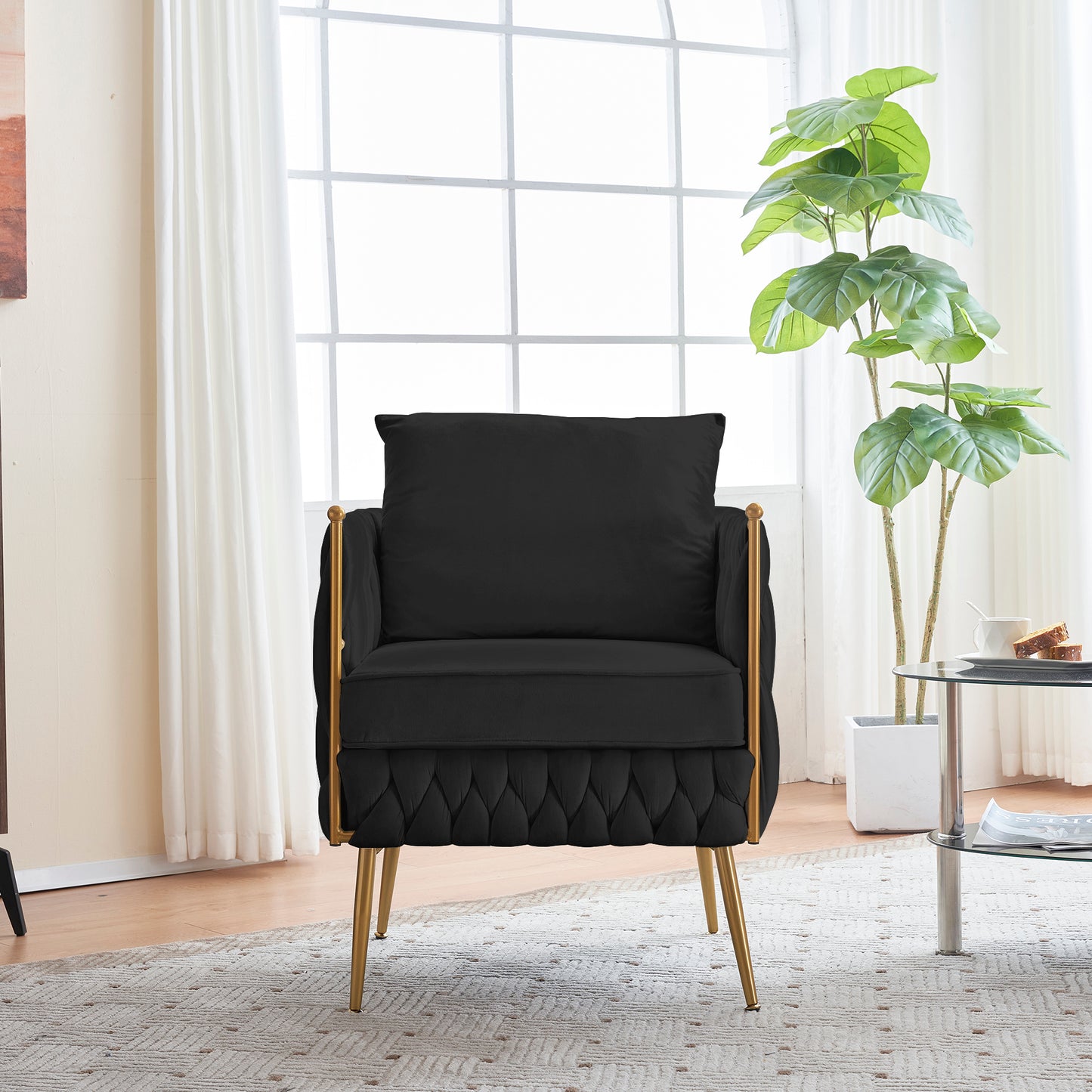 Modern Comfy Handmade Bucket Woven Velvet Accent Chair Arm Chair, Fluffy Tufted Upholstered Single Sofa Chair for Living Room, Bedroom, Office, Waiting Room, Black Velvet