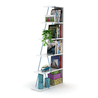 Furnish Home Store Modern 5 Tier Ladder Bookshelf Organizers, Narrow Bookshelf for Small Spaces Office Furniture Bookcase ,White/Blue