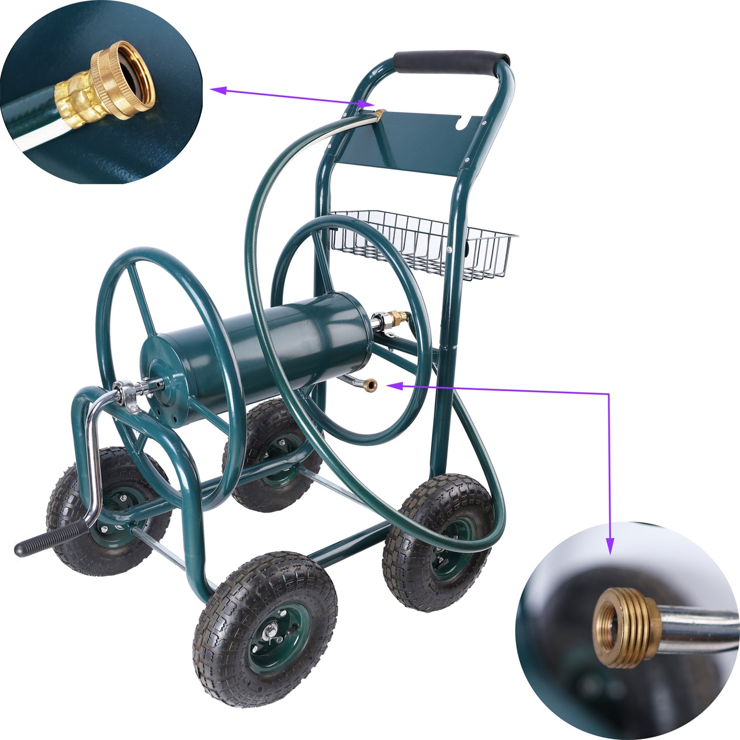 Garden Hose Reel Cart - 4 Wheels Portable Garden Hose Reel Cart with Storage Basket Rust Resistant Heavy Duty Water Hose Holder