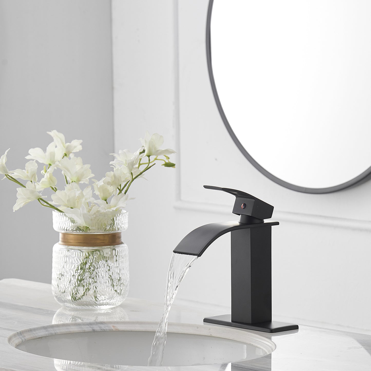 Waterfall Single Hole Single-Handle Low-Arc Bathroom Faucet With Supply Line in Matte Black