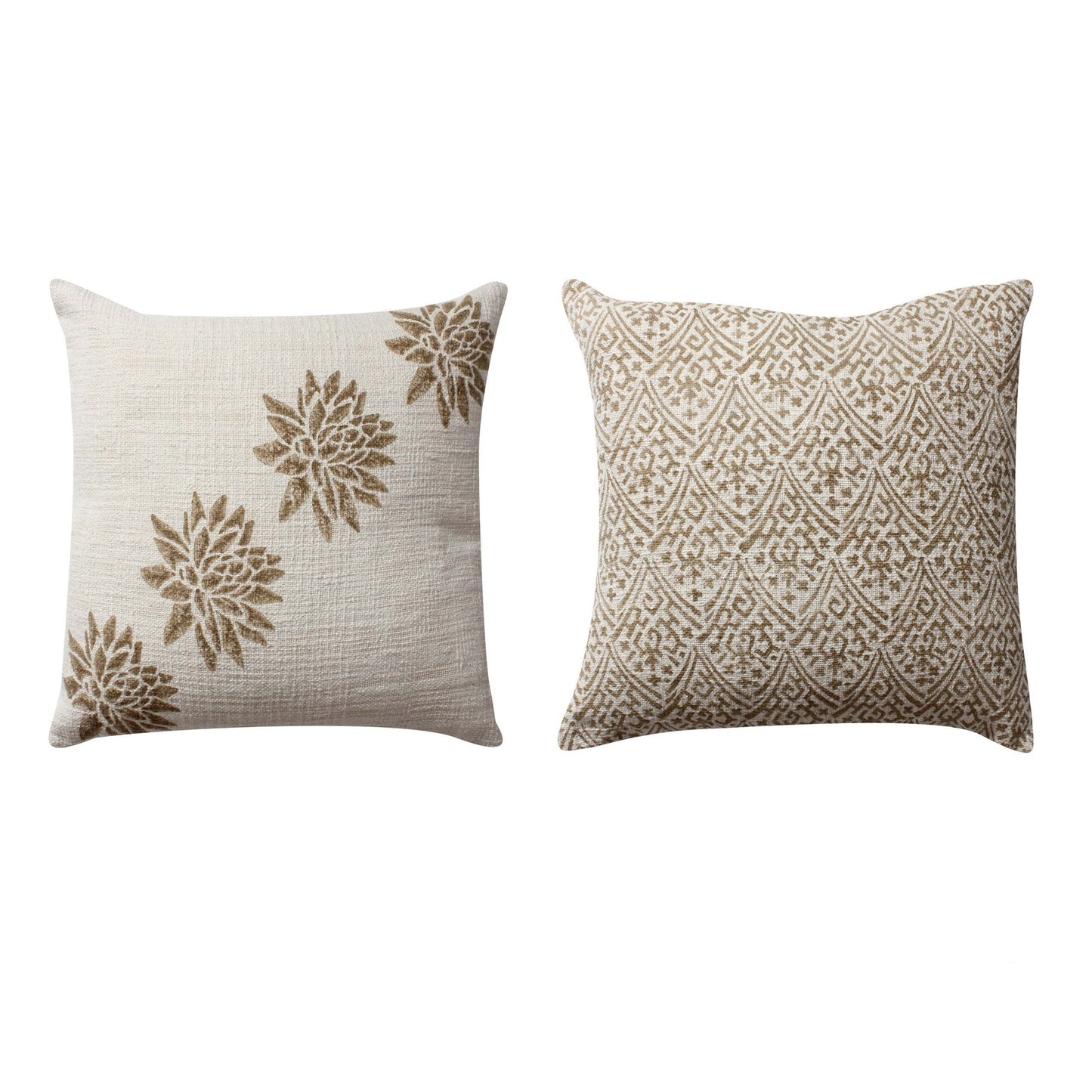 18 x 18 Square Cotton Accent Throw Pillow, Floral and Block Print Patterns, Set of 2, Gold, Off White