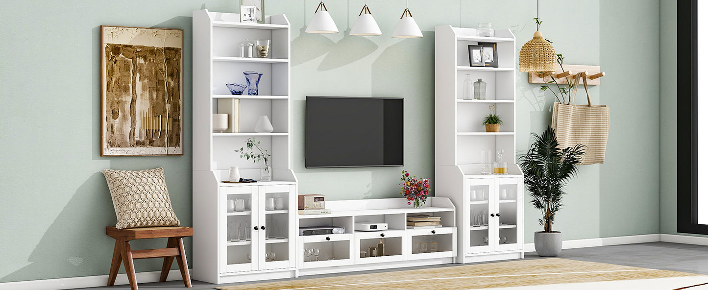 ON-TREND Chic Elegant Entertainment Wall Unit with Tall Cabinets, Modern TV Console Table for TVs Up to 65", Multifunctional TV Stand Set with Acrylic Board Door, White