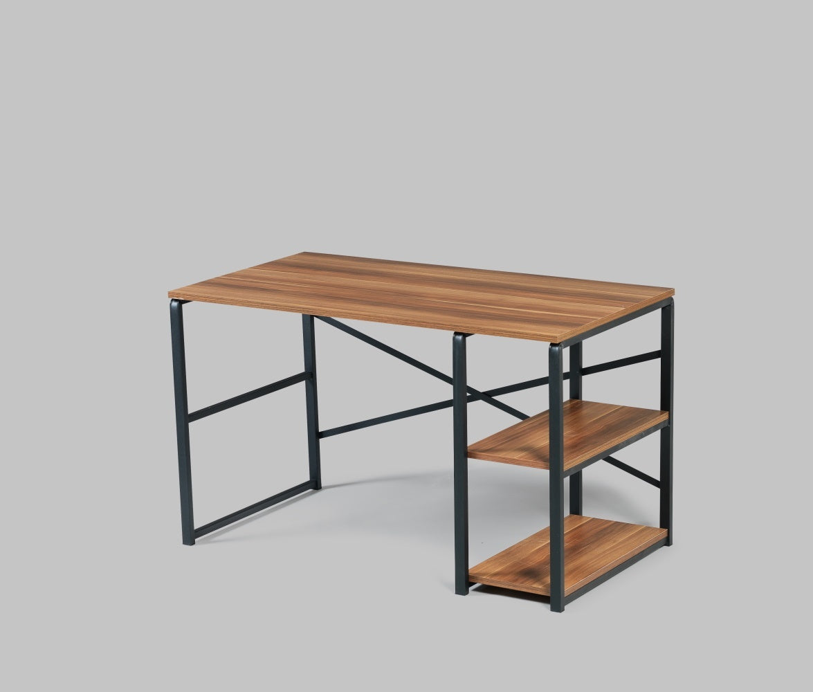 Furnish Home Store Sage Black Metal Frame 47" Wooden Top 2 Shelves Writing and Computer Desk for Home Office, Walnut